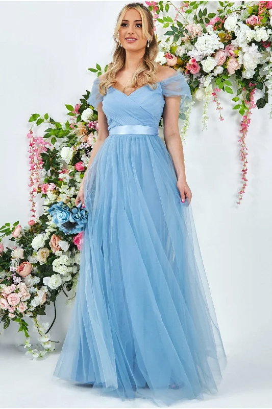 Maxi dresses with a criss - cross back for a flirty and unique detailGoddiva Off The Shoulder Princess Maxi Dress - Powder Blue Maxi dresses with a criss - cross back for a flirty and unique detailGoddiva Off The Shoulder Princess Maxi Dress - Powder Blue