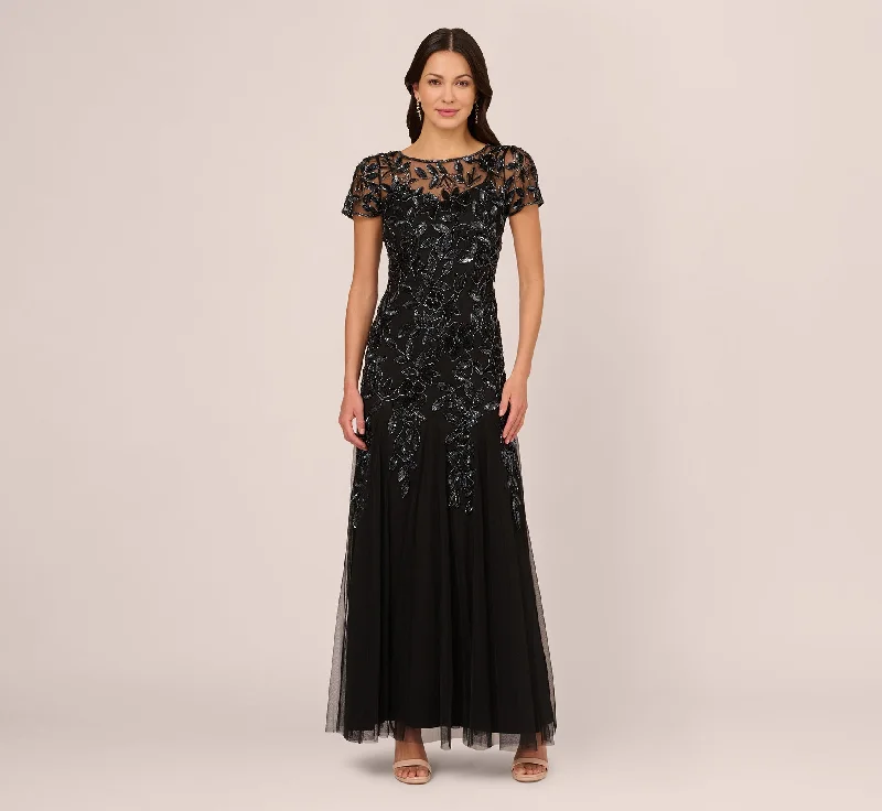 Linen maxi dresses for a breathable and lightweight summer optionHand Beaded Short Sleeve Floral Godet Gown In Black Gunmetal Linen maxi dresses for a breathable and lightweight summer optionHand Beaded Short Sleeve Floral Godet Gown In Black Gunmetal