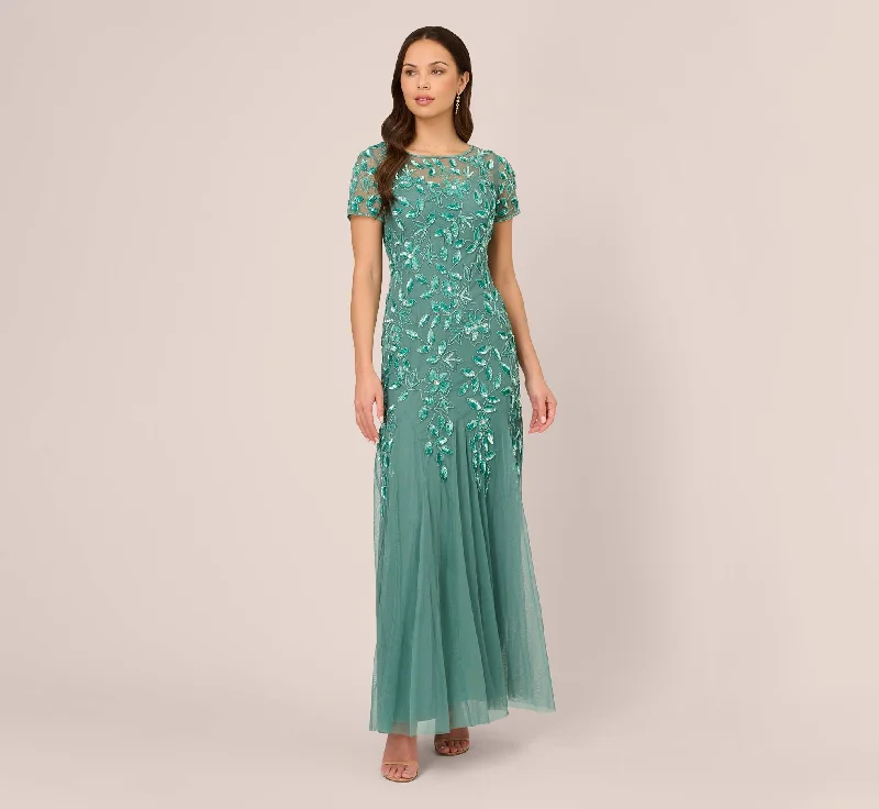 Maxi dresses with embroidered floral motifs for a unique designHand Beaded Short Sleeve Floral Godet Gown In Green Slate Maxi dresses with embroidered floral motifs for a unique designHand Beaded Short Sleeve Floral Godet Gown In Green Slate