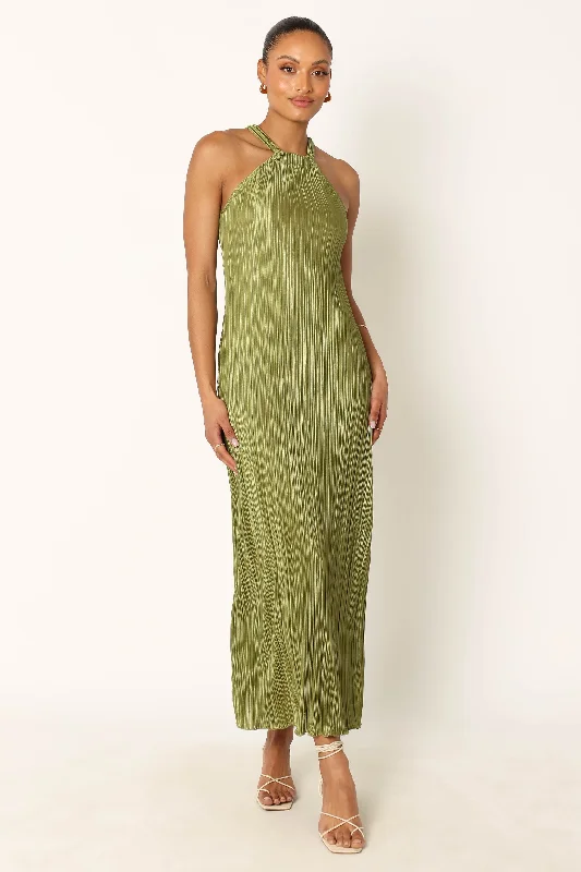 Strapless maxi dresses for a beachside vacationMelody Plisse Halter Maxi Dress - Olive Strapless maxi dresses for a beachside vacationMelody Plisse Halter Maxi Dress - Olive