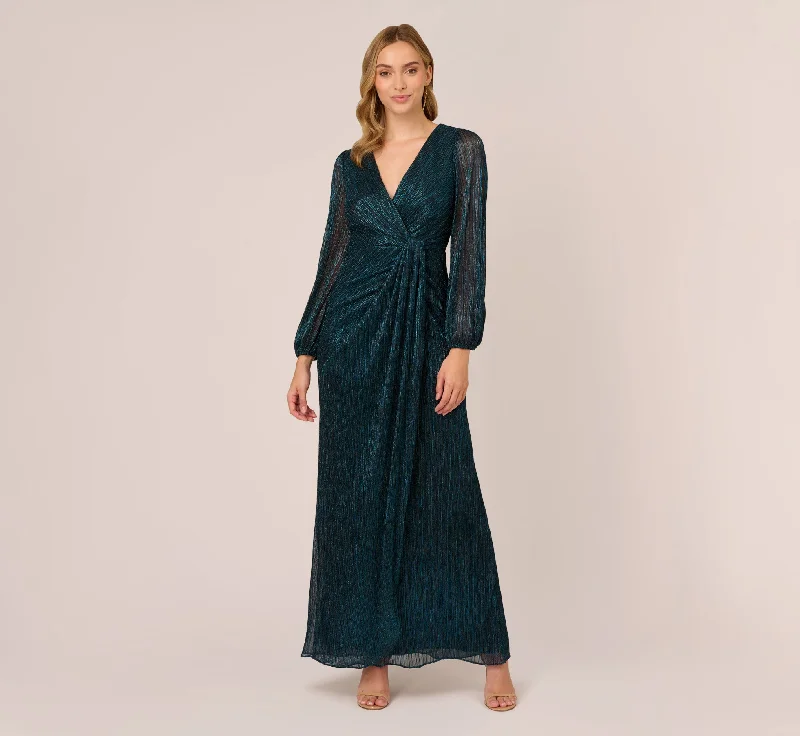 Satin maxi dresses with a high - low hem for a modern twistMetallic Crinkled Mesh Draped Long Gown In Teal Sapphire Satin maxi dresses with a high - low hem for a modern twistMetallic Crinkled Mesh Draped Long Gown In Teal Sapphire