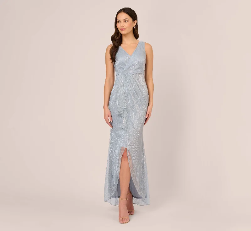 Maxi dresses with a button - down front for a classic lookMetallic Mesh Faux Wrap Gown With Ruffle Accents In Sky Blue Maxi dresses with a button - down front for a classic lookMetallic Mesh Faux Wrap Gown With Ruffle Accents In Sky Blue