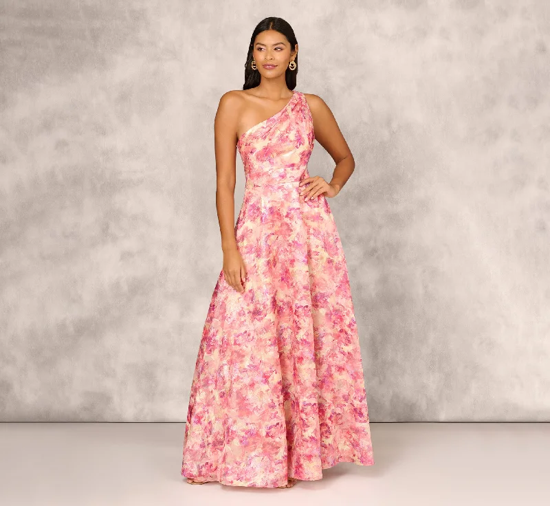 Sheer maxi dresses with lace overlays for a romantic touchPrinted Jacquard One Shoulder Ball Gown With Pleat Details In Red Multi Sheer maxi dresses with lace overlays for a romantic touchPrinted Jacquard One Shoulder Ball Gown With Pleat Details In Red Multi