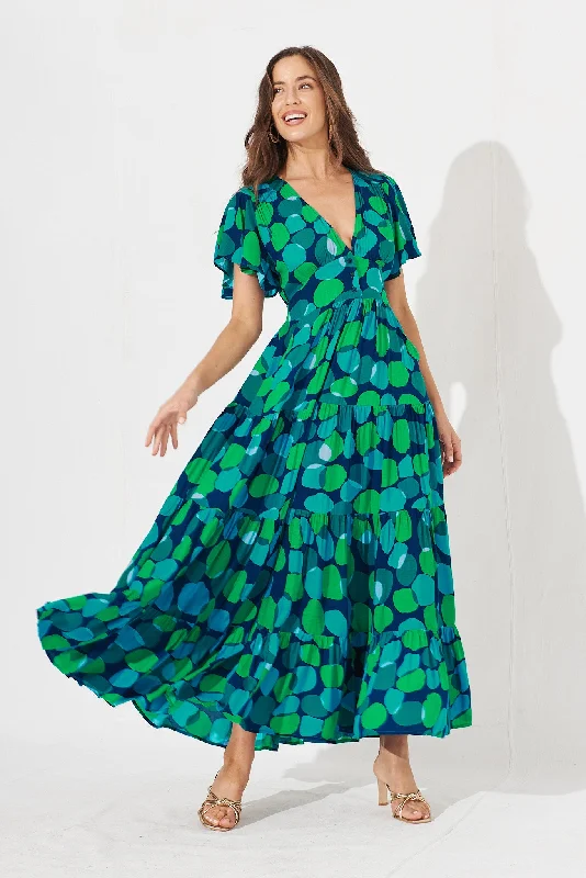 Floral print maxi dresses for summer garden partiesSarina Maxi Dress In Navy With Blue Multi Print
