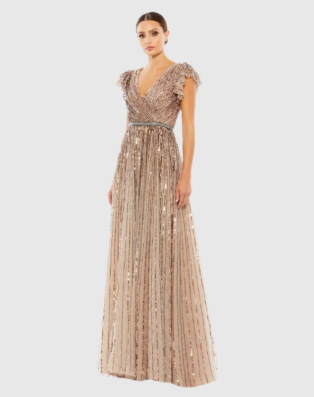 Maxi dresses with mesh panels for a sexy and trendy appearanceSequined Wrap Over Ruffled Cap Sleeve Gown Maxi dresses with mesh panels for a sexy and trendy appearanceSequined Wrap Over Ruffled Cap Sleeve Gown