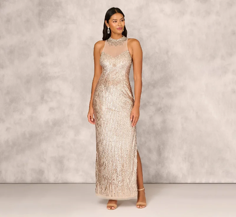 Maxi dresses with patchwork designs for a one - of - a - kind styleSleeveless Beaded Column Gown With Illusion Neckline In Champagne Maxi dresses with patchwork designs for a one - of - a - kind styleSleeveless Beaded Column Gown With Illusion Neckline In Champagne