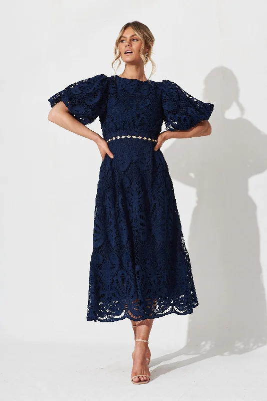 Maxi dresses with a criss - cross back for a flirty and unique detailTillie Lace Maxi Dress In Navy Maxi dresses with a criss - cross back for a flirty and unique detailTillie Lace Maxi Dress In Navy