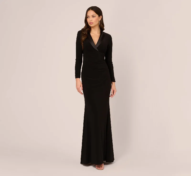 Maxi dresses with a ruched bodice for a more form - fitting and feminine shapeTuxedo Mermaid Gown With Long Sleeves In Black Maxi dresses with a ruched bodice for a more form - fitting and feminine shapeTuxedo Mermaid Gown With Long Sleeves In Black