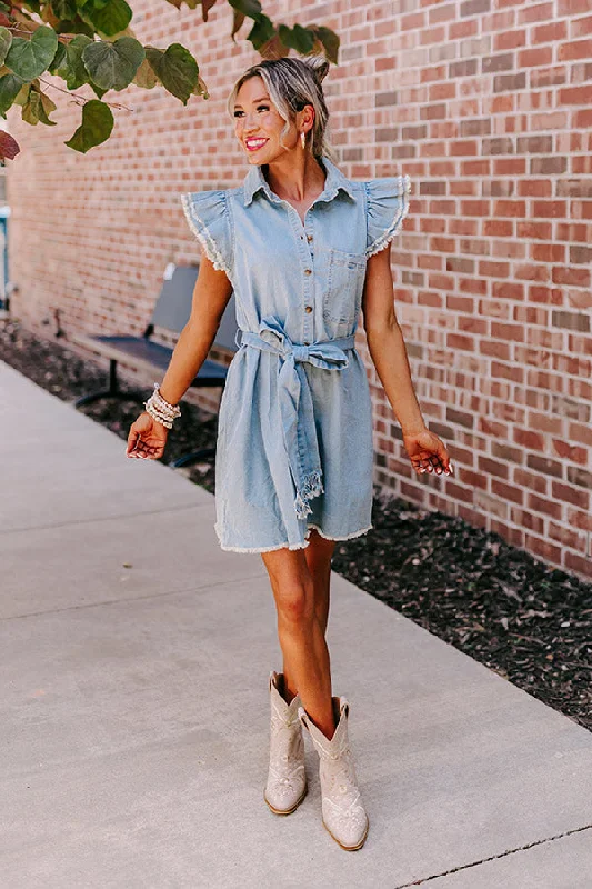 Polyester mini dresses for easy careThe Aleena Chambray Mini Dress