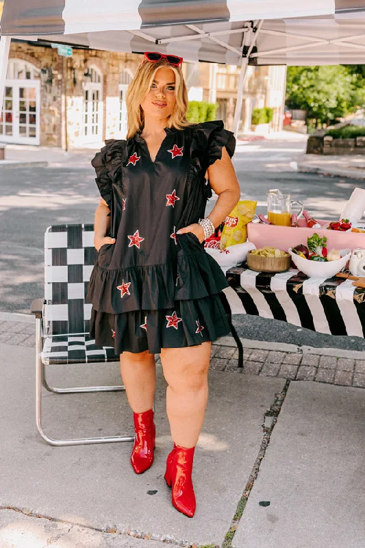 Satin mini dresses for a luxurious feelUnder The Stadium Lights Ruffle Mini Dress in Black Curves Satin mini dresses for a luxurious feelUnder The Stadium Lights Ruffle Mini Dress in Black Curves