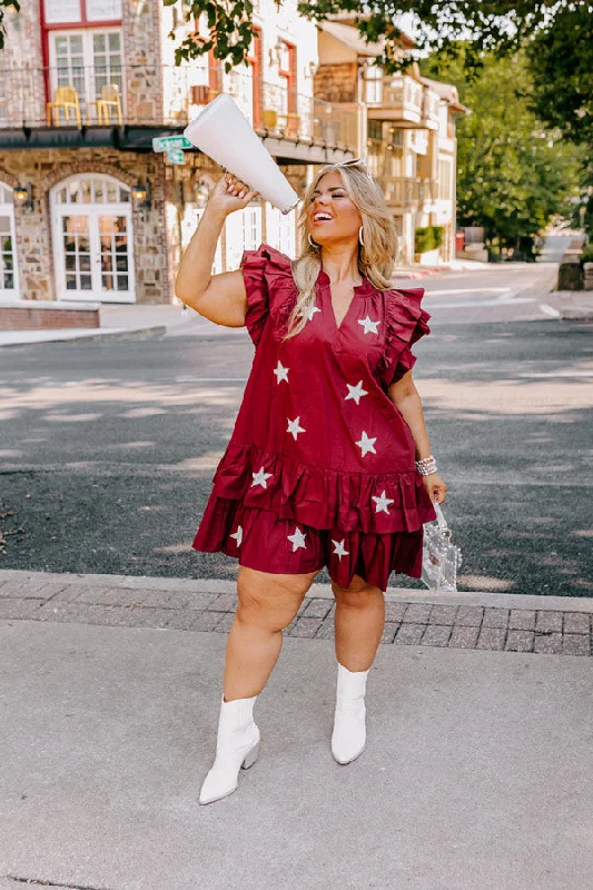 Mini dresses with belted waists for a defined silhouetteUnder The Stadium Lights Ruffle Mini Dress in Maroon Curves Mini dresses with belted waists for a defined silhouetteUnder The Stadium Lights Ruffle Mini Dress in Maroon Curves