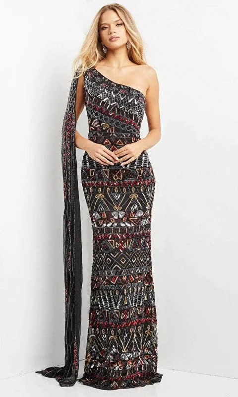Prom dresses with side - slit pockets and solid - color fabrics for a practical and stylish formal lookJovani 08450 - Asymmetric with Shoulder Cape Long Dress