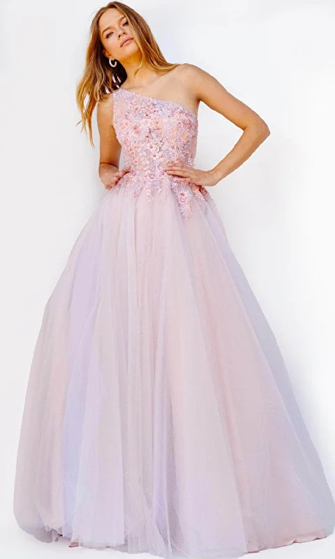 Prom dresses with side - slit skirts and beaded fringes for a glamorous appearanceJovani 24271 - Asymmetrical Floral Appliqued Ballgown