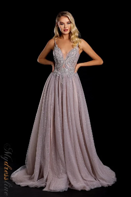 Prom dresses with lace - trimmed sleeves and empire - style waists for a flattering and vintage - inspired formal affairPortia & Scarlett PS21107 Prom dresses with lace - trimmed sleeves and empire - style waists for a flattering and vintage - inspired formal affairPortia & Scarlett PS21107