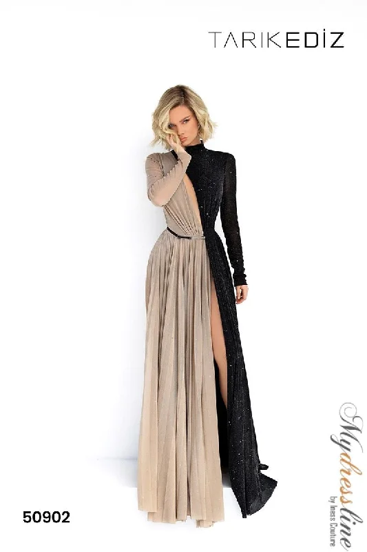 Prom dresses with one - shoulder designs and feather accents for a bold statementTarik Ediz 50902 Prom dresses with one - shoulder designs and feather accents for a bold statementTarik Ediz 50902