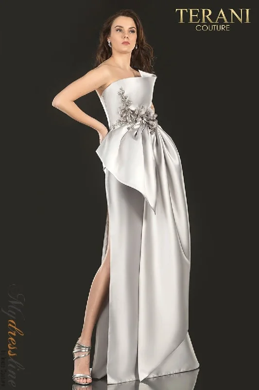 Prom dresses with one - shoulder designs and feather accents for a bold statementTerani Couture 2021E2876 Prom dresses with one - shoulder designs and feather accents for a bold statementTerani Couture 2021E2876
