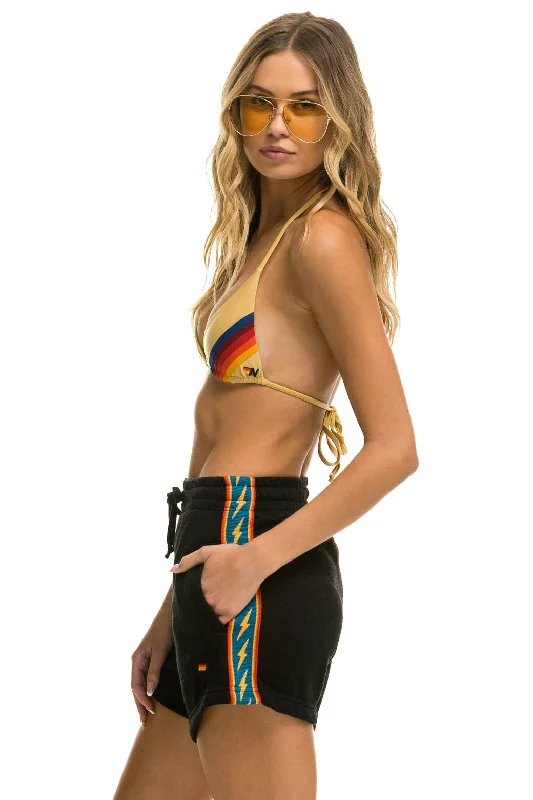 Linen Women Shorts for Breathable Comfort in Hot WeatherBOLT STRIPE LOUNGER SHORT - BLACK Linen Women Shorts for Breathable Comfort in Hot WeatherBOLT STRIPE LOUNGER SHORT - BLACK