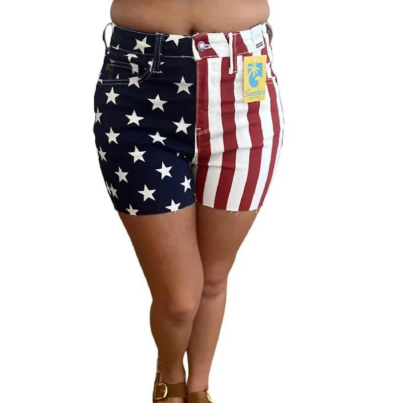 Elastic Waist Women Shorts for Easy Wear and ComfortHigh Waist Americana Flag Fray Hem Shorts In Blue/red/white Elastic Waist Women Shorts for Easy Wear and ComfortHigh Waist Americana Flag Fray Hem Shorts In Blue/red/white