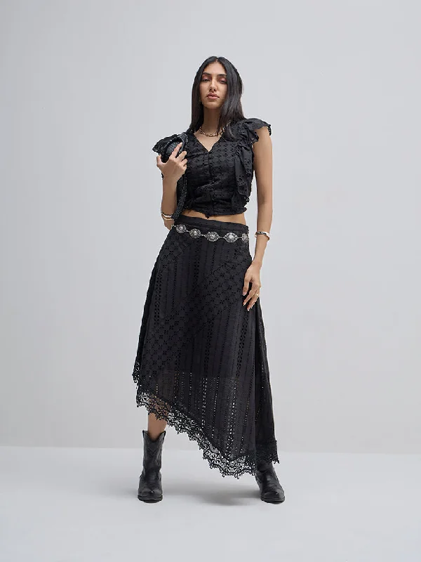 Cargo Women Shorts with Multiple Pockets for FunctionalityLOV Black Schiffli Design Asymmetrical Cotton Skirt Cargo Women Shorts with Multiple Pockets for FunctionalityLOV Black Schiffli Design Asymmetrical Cotton Skirt
