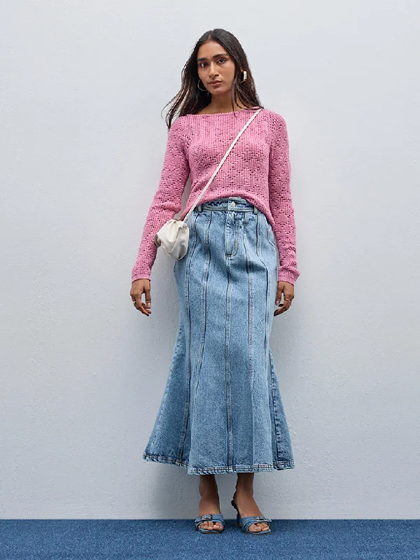 Twill Women Shorts with a Smooth Texture and DurabilityLOV Light Blue Acid Washed Striped Long Skirt Twill Women Shorts with a Smooth Texture and DurabilityLOV Light Blue Acid Washed Striped Long Skirt