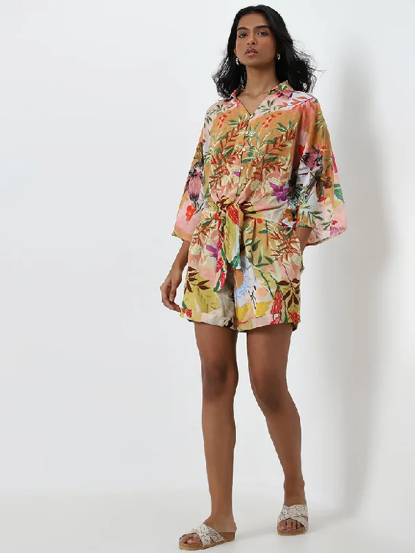 Linen Women Shorts for Breathable Comfort in Hot WeatherLOV Multicolour Botanical Printed High-Rise Shorts Linen Women Shorts for Breathable Comfort in Hot WeatherLOV Multicolour Botanical Printed High-Rise Shorts