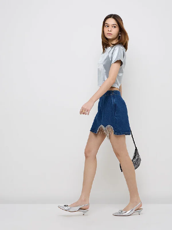 Stretchable Women Shorts for Maximum MobilityNuon Blue Diamante Embellished High-Rise Skirt Stretchable Women Shorts for Maximum MobilityNuon Blue Diamante Embellished High-Rise Skirt