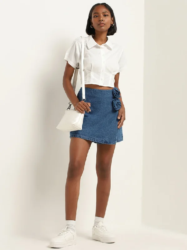 Cuffed Women Shorts for a Laid - Back and Trendy LookNuon Dark Blue Rosette High-Rise Cotton Skort Cuffed Women Shorts for a Laid - Back and Trendy LookNuon Dark Blue Rosette High-Rise Cotton Skort