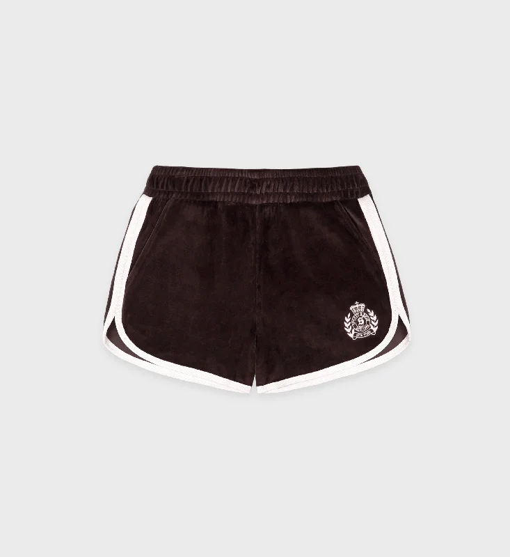 Stretchable Women Shorts for Maximum MobilityNY Crest Velour Short - Chocolate/Cream Stretchable Women Shorts for Maximum MobilityNY Crest Velour Short - Chocolate/Cream
