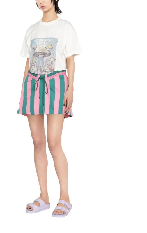 Denim Women Shorts with Distressed Details for a Casual VibeScoop Waist Board Short In Pink-Green Verdigris Stripe Denim Women Shorts with Distressed Details for a Casual VibeScoop Waist Board Short In Pink-Green Verdigris Stripe