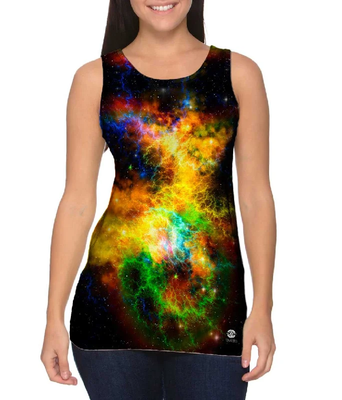 Plus Size Women's Glitter - Trimmed Tank Tops for Party NightsSpace Galaxy Ribbon