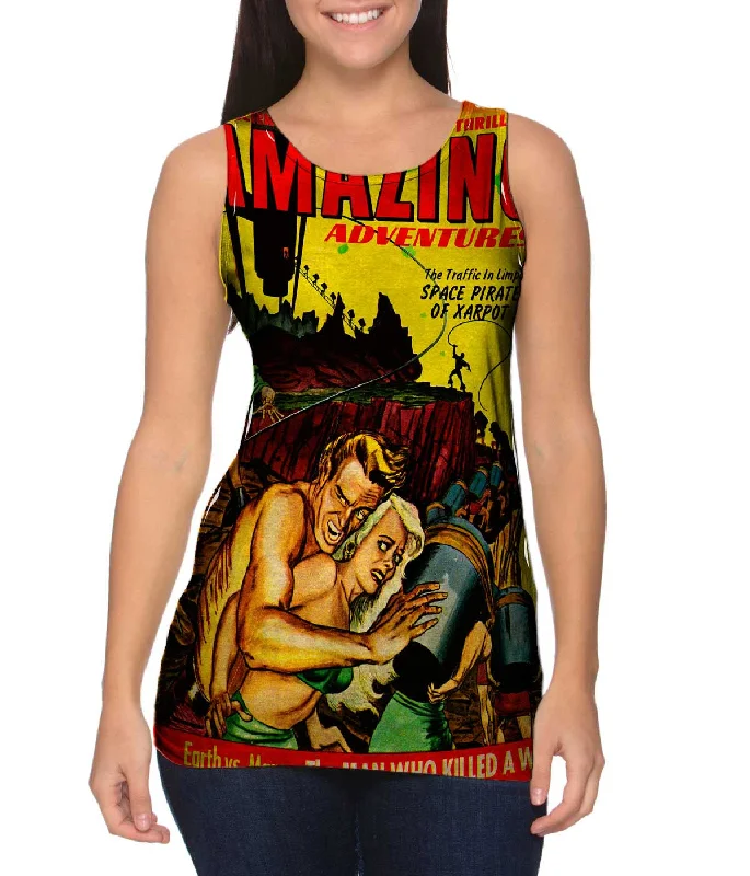 Plus Size Women's Embroidered Tank Tops in Boho StylesSpace Pirate Comic Retro