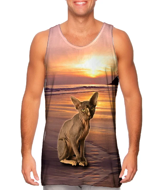 Plunge Neck Women's Seamless Tank Tops for a Smooth FitSphynx Cat Beach Sunset