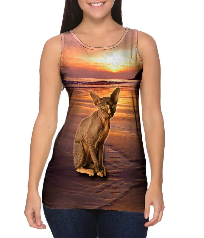 Women's Cropped Tank Tops with Vintage Band LogosSphynx Cat Beach Sunset