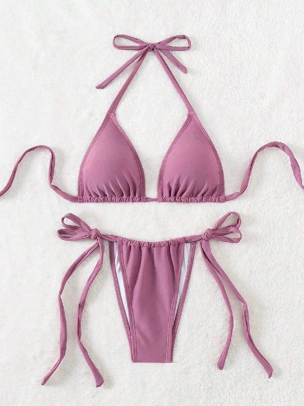 String bikini for a minimalistic and sexy beach styleBasic Dusty Mauve Tie Up Bikini Set String bikini for a minimalistic and sexy beach styleBasic Dusty Mauve Tie Up Bikini Set