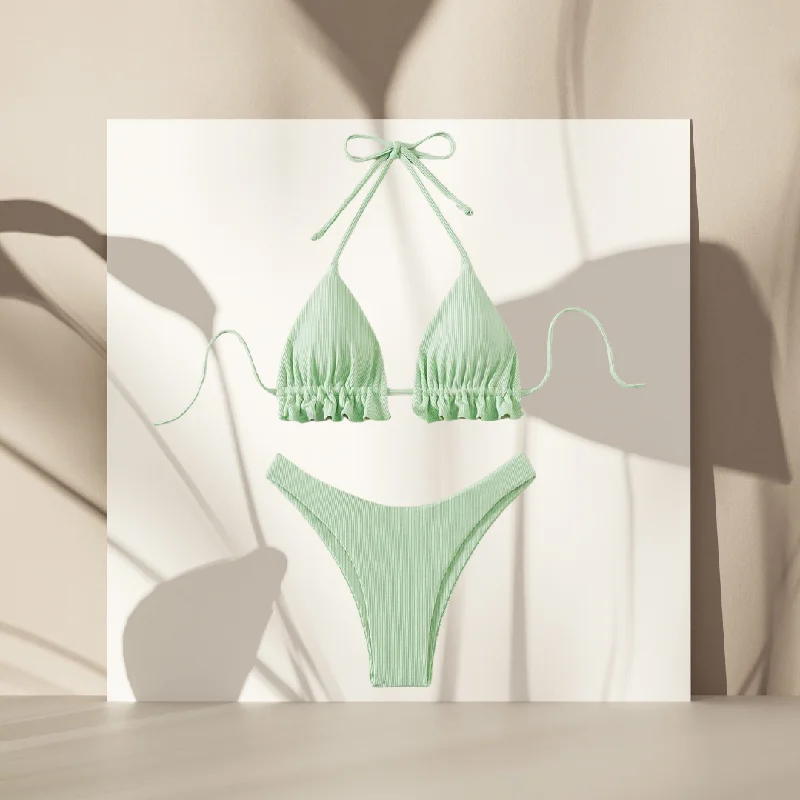 Sustainable bikini made from recycled materials for eco - conscious beachgoersBasic Ribbed Ruffle Triangle Bikini Set Sustainable bikini made from recycled materials for eco - conscious beachgoersBasic Ribbed Ruffle Triangle Bikini Set