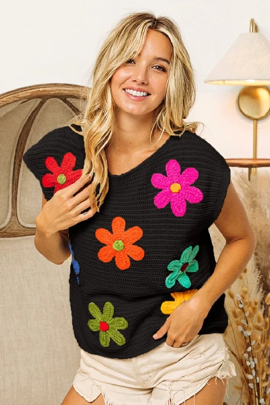 Neon Bodysuits to Stand Out at PartiesBiBi Flower Round Neck Cap Sleeve Knit Top