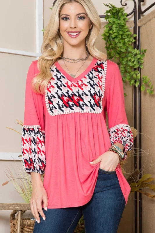 Metallic Bodysuits for a Glitzy and Glamorous Night OutCeleste Full Size Houndstooth Front Yoke Balloon Sleeve Top Metallic Bodysuits for a Glitzy and Glamorous Night OutCeleste Full Size Houndstooth Front Yoke Balloon Sleeve Top