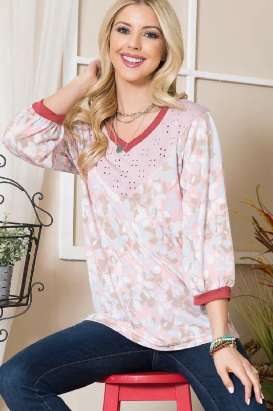Crop Bodysuits to Pair with High - Waisted BottomsCeleste Full Size Leaf Print Contrast Trim Balloon Sleeve Top Crop Bodysuits to Pair with High - Waisted BottomsCeleste Full Size Leaf Print Contrast Trim Balloon Sleeve Top