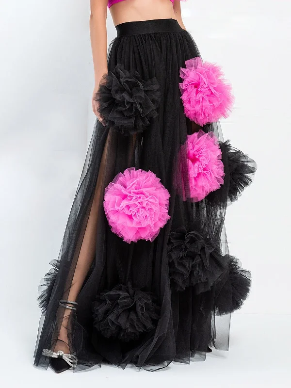 Long - Sleeve Bodysuits for Cold Weather LayeringFlower Mesh High Waist Long Skirt