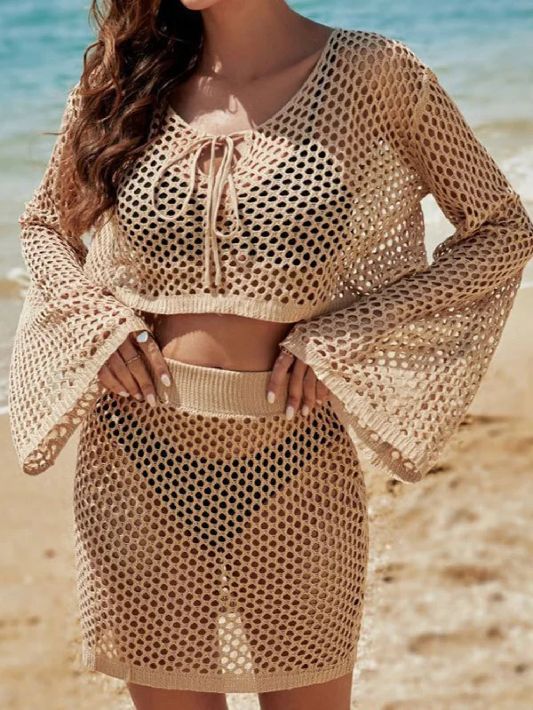 Convertible Straps Bodysuits for Multiple Styling OptionsOpenwork Flare Sleeve Top and Skirt Cover Up Set Convertible Straps Bodysuits for Multiple Styling OptionsOpenwork Flare Sleeve Top and Skirt Cover Up Set