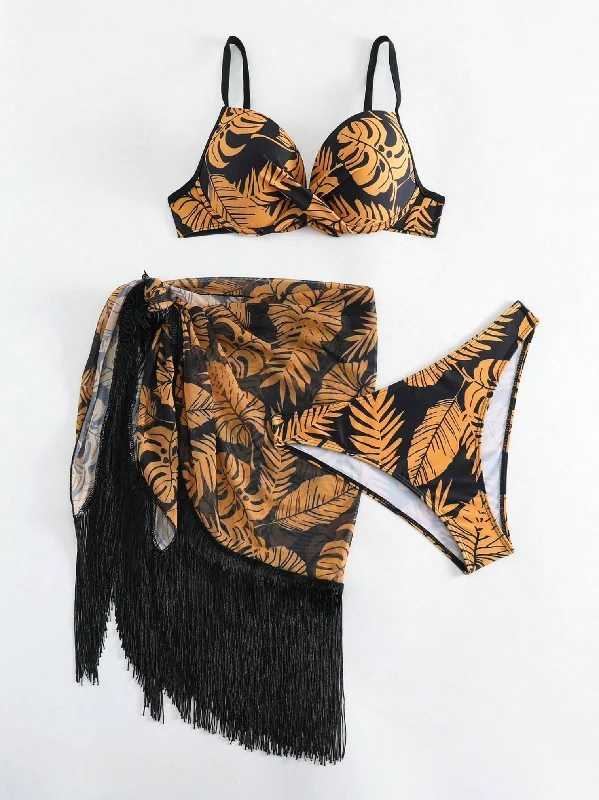 Tie - side bikini bottoms for an adjustable and stylish fitMonstera Print Push Up Bikini & Fringe Trim Wrap Set Tie - side bikini bottoms for an adjustable and stylish fitMonstera Print Push Up Bikini & Fringe Trim Wrap Set