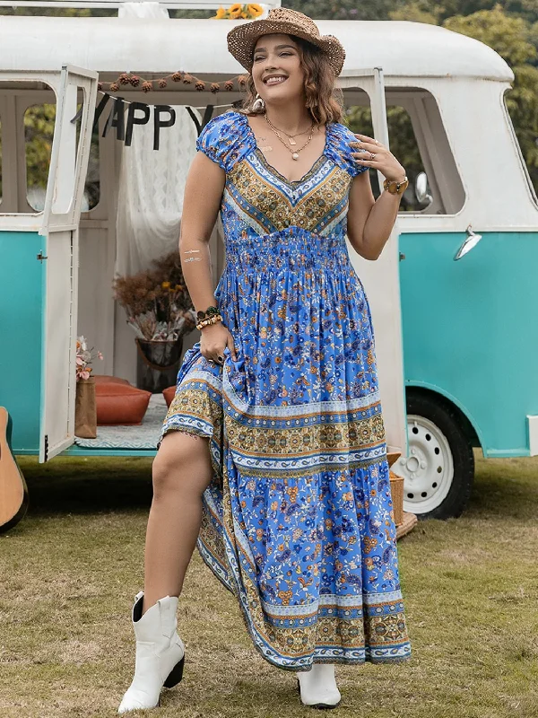 Button - Front Bodysuits with a Classic and Timeless AppealPlus Size Smocked Printed Cap Sleeve Dress Button - Front Bodysuits with a Classic and Timeless AppealPlus Size Smocked Printed Cap Sleeve Dress