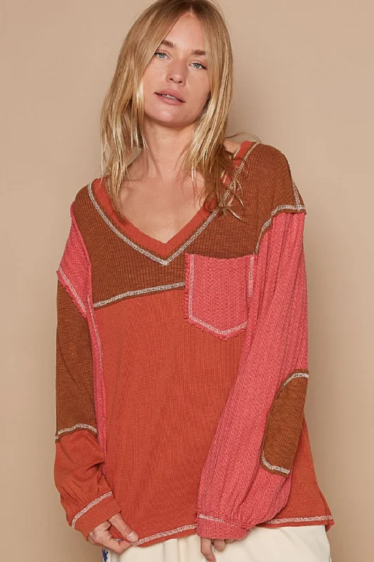 High - Neck Bodysuits for a Modest and Sophisticated LookPOL V-Neck Knit Panel Exposed Seam Top High - Neck Bodysuits for a Modest and Sophisticated LookPOL V-Neck Knit Panel Exposed Seam Top