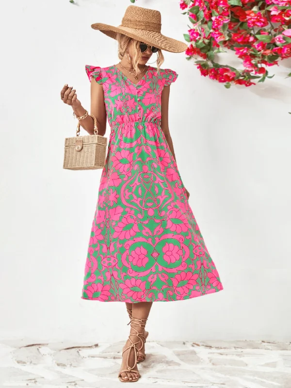 Neon Bodysuits to Stand Out at PartiesPrinted V-Neck Cap Sleeve Dress