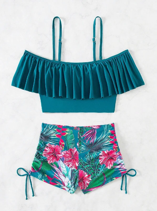 Plus - size bikini with full - coverage options for comfort and confidenceRuffle Block & Tropical Bikini Shorts Set Plus - size bikini with full - coverage options for comfort and confidenceRuffle Block & Tropical Bikini Shorts Set