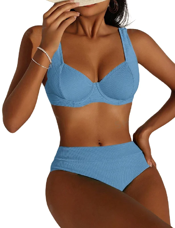 String bikini for a minimalistic and sexy beach styleSky Blue Ribbed Underwire Bikini Set String bikini for a minimalistic and sexy beach styleSky Blue Ribbed Underwire Bikini Set