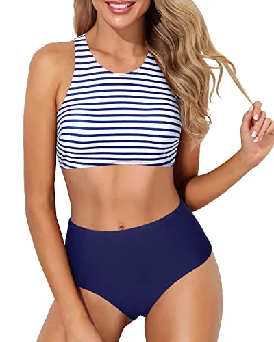 Tie - side bikini bottoms for an adjustable and stylish fitTank Style High Neck Racerback Two Piece Bikini Set-Blue White Stripe Tie - side bikini bottoms for an adjustable and stylish fitTank Style High Neck Racerback Two Piece Bikini Set-Blue White Stripe