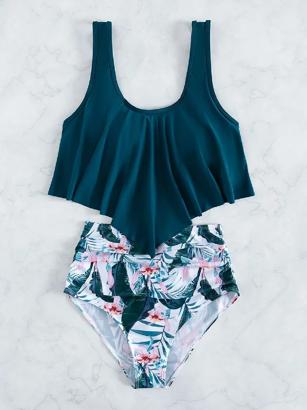 Tropical - themed bikini for a vacation - ready beach outfitTeal & Tropical Hanky Hem High Waist Bikini Set Tropical - themed bikini for a vacation - ready beach outfitTeal & Tropical Hanky Hem High Waist Bikini Set