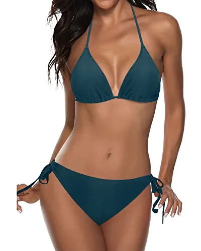 String bikini for a minimalistic and sexy beach styleTwo Piece Halter Tie Side Bottom Triangle Push Up Bikini-Teal