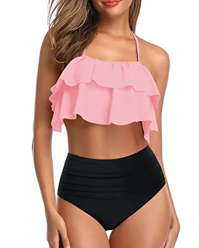 Neon - colored bikini to stand out on the beachTwo Piece Halter Swimsuits High Waisted Bikini Set-Pink And Black Neon - colored bikini to stand out on the beachTwo Piece Halter Swimsuits High Waisted Bikini Set-Pink And Black